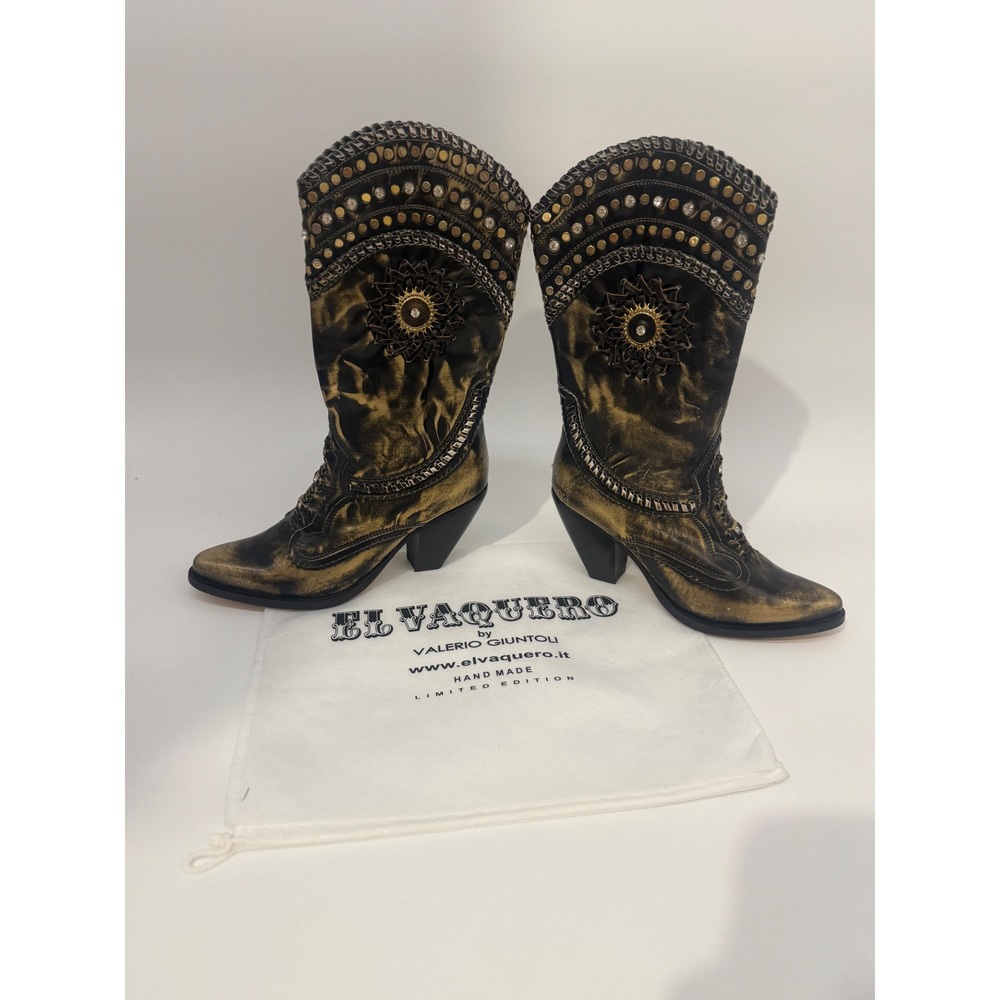 El Vaquero NIKITA Brush Oro Gold Metallic Ankle Boots 37 Italy Retail $1200